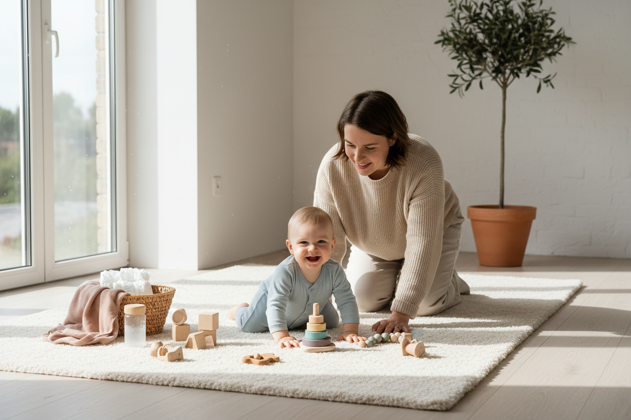 Warm lifestyle scene with a young parent and baby playing on a soft rug, wooden toys and baby essentials around, natural light from a window, cozy home atmosphere, neutral tones, soft beige and pastel colors, premium European brand aesthetic, reassuring and safe feeling, minimal modern decor, clean composition, no text, high-end e-commerce hero banner, 16:9